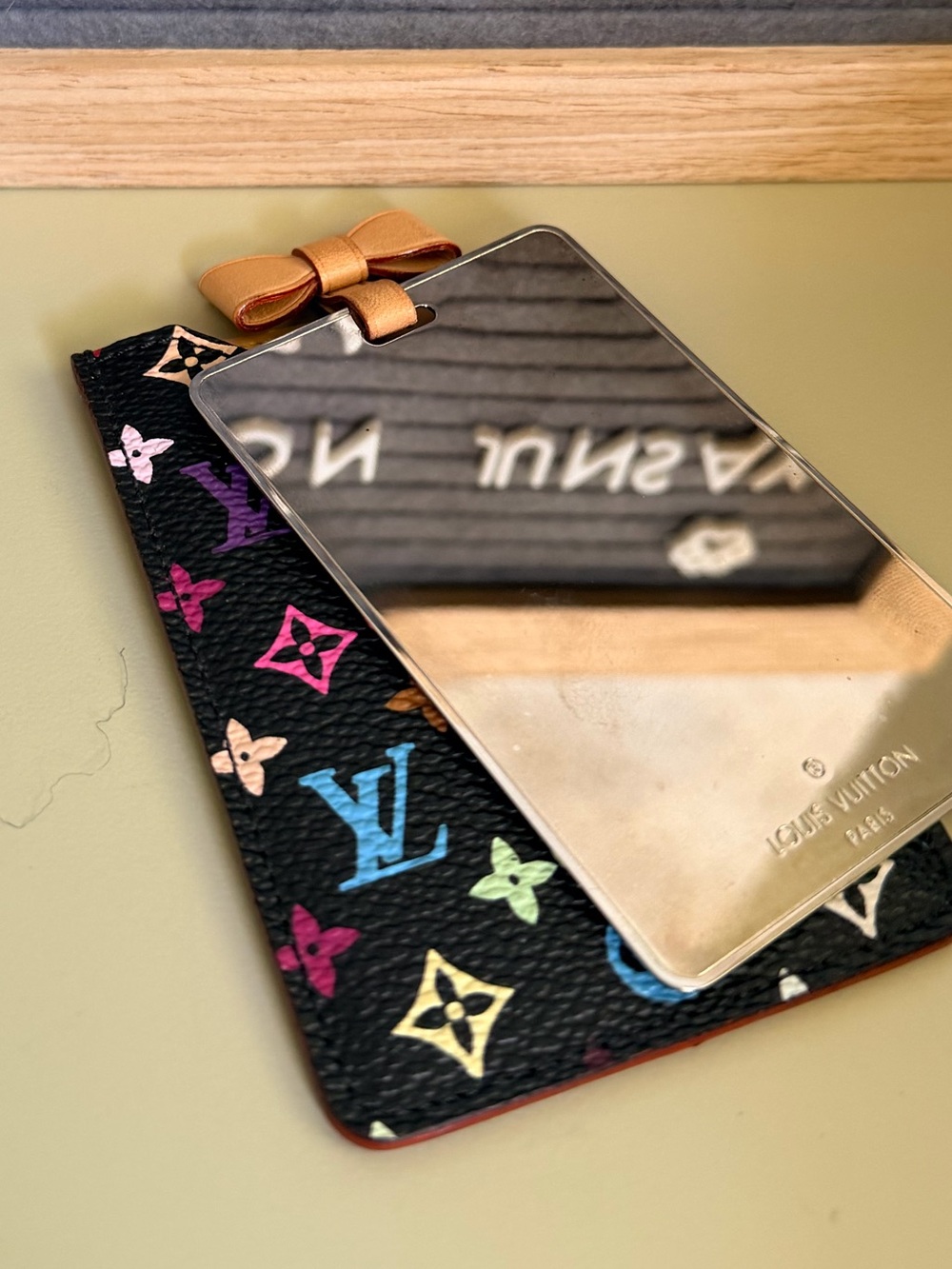 Louis Vuitton Black Multicolor Monogram Card Mirror with Tan Bow